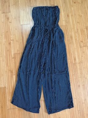 Abercrombie & Fitch Navy and White Strapless Wide-Leg Jumpsuit